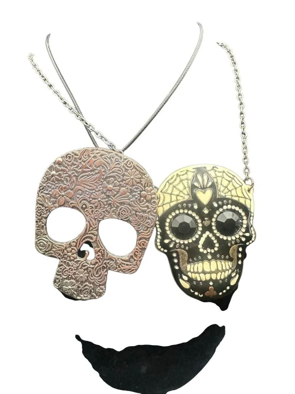 Skull Necklaces tarnished set of 2 Halloween